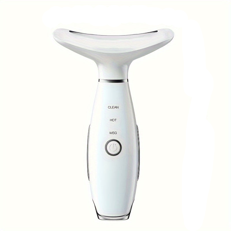 White USB rechargeable facial and neck massager featuring LED light therapy for skin rejuvenation.