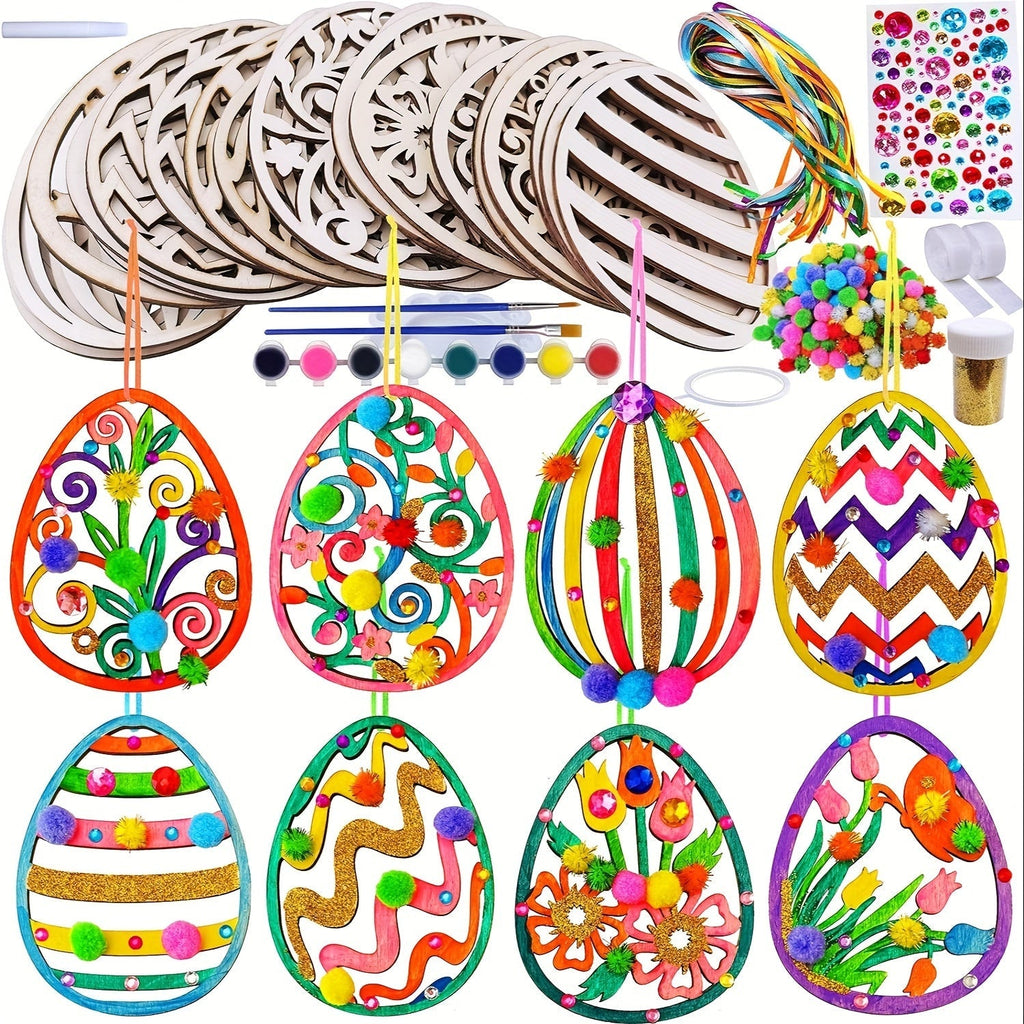 24 piece DIY wooden egg craft kit featuring unpainted hanging ornaments with etched floral patterns