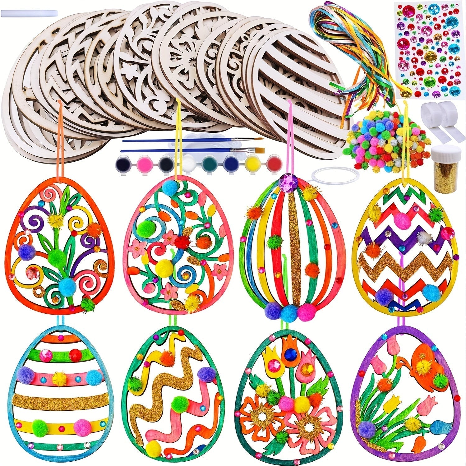 24 piece DIY wooden egg craft kit featuring unpainted hanging ornaments with etched floral patterns