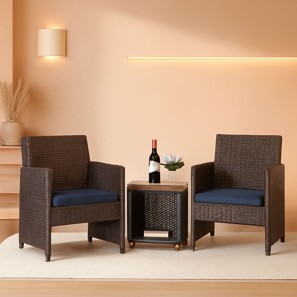 Brown and navy three-piece wicker patio bistro set with two chairs and side table