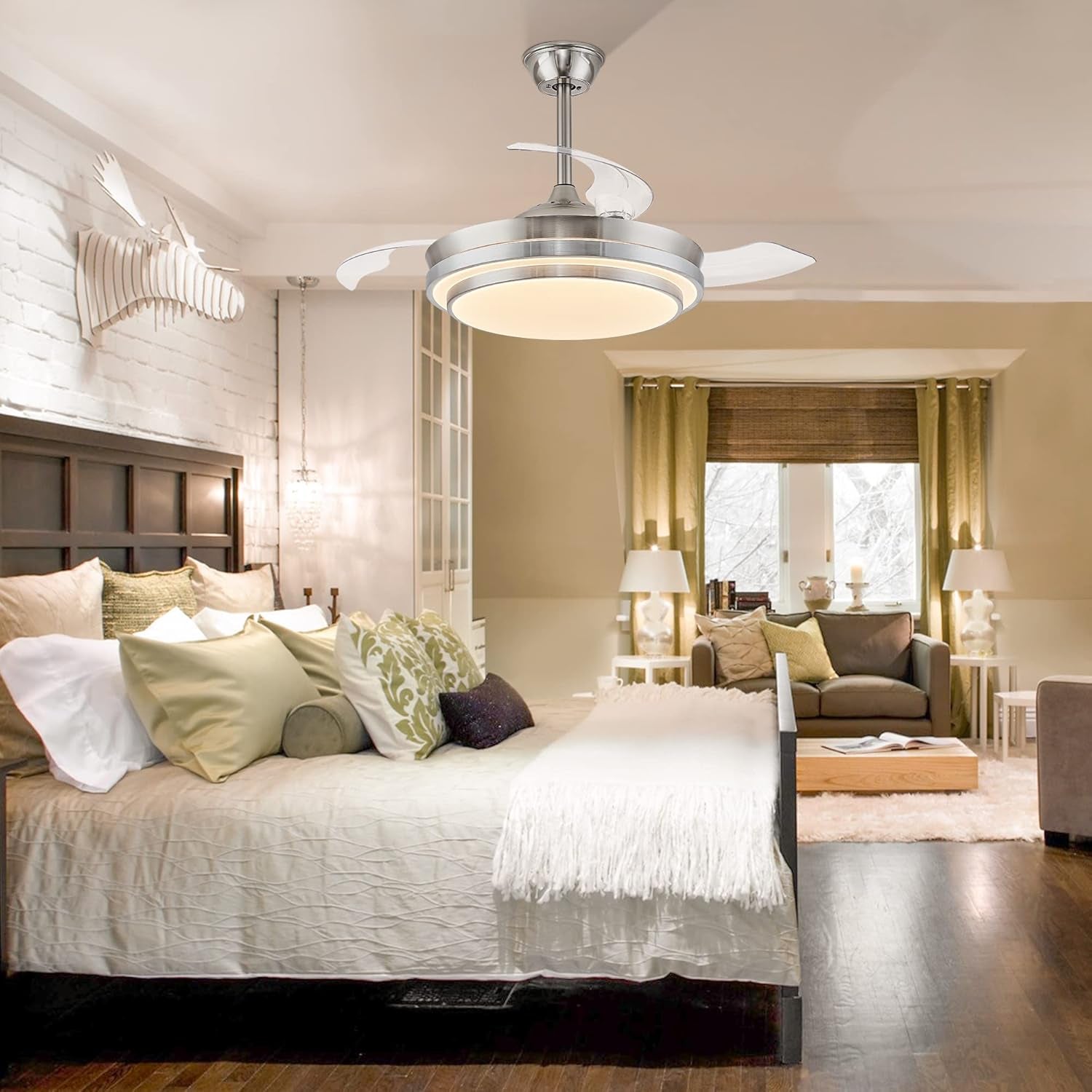42 inch LED ceiling fan in brushed nickel with transparent retractable blades and light fixture — view 5
