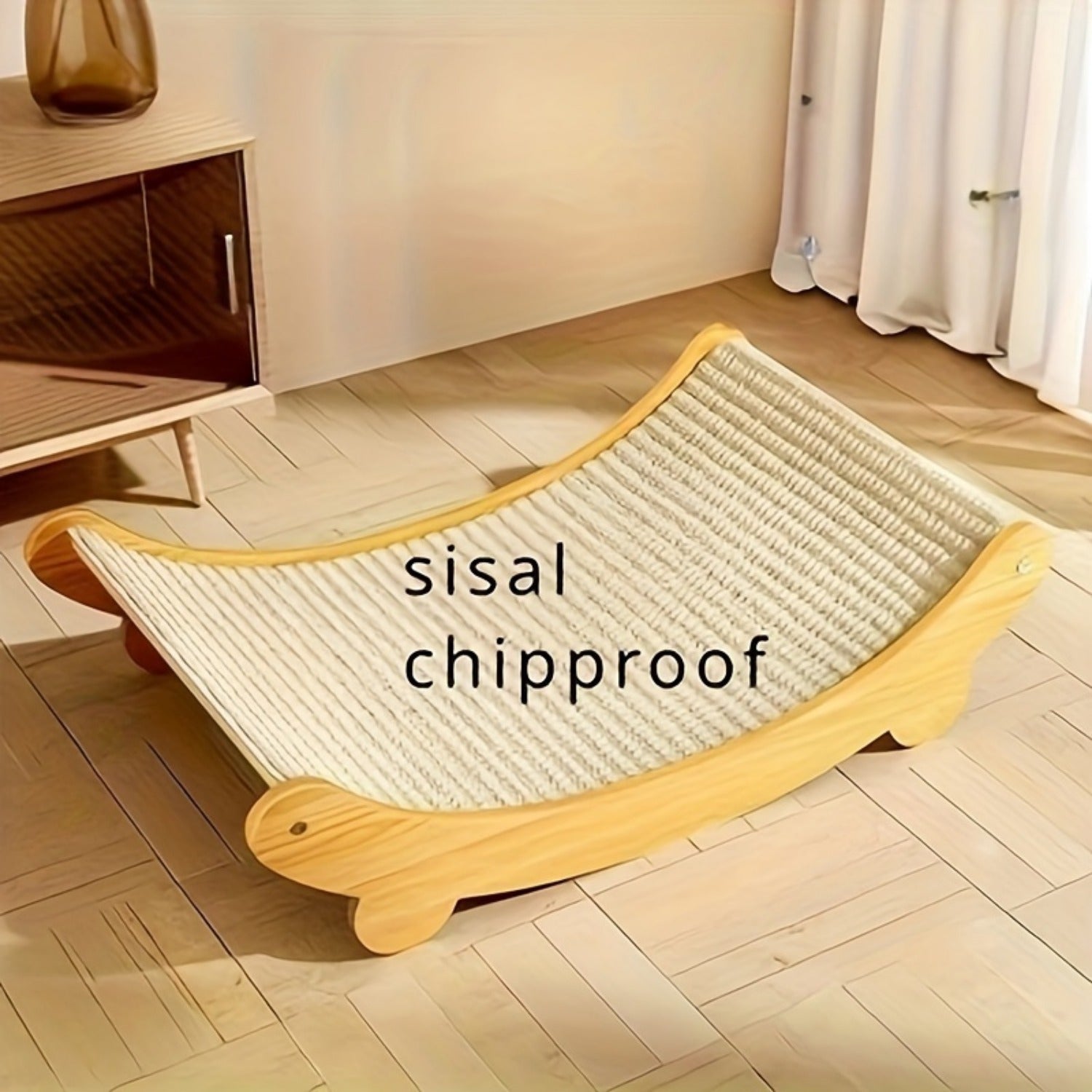 Space-saving wooden cat scratcher tower with natural wood finish and textured linen scratching post — view 5