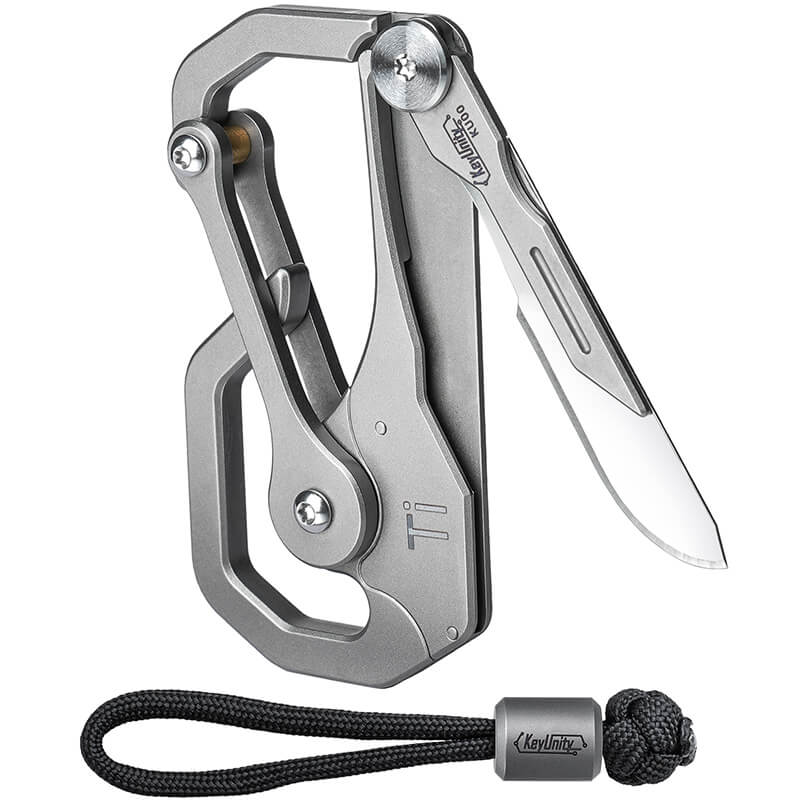 Titanium EDC folding knife multi-tool with matte sandblasted finish and carabiner clip attachment
