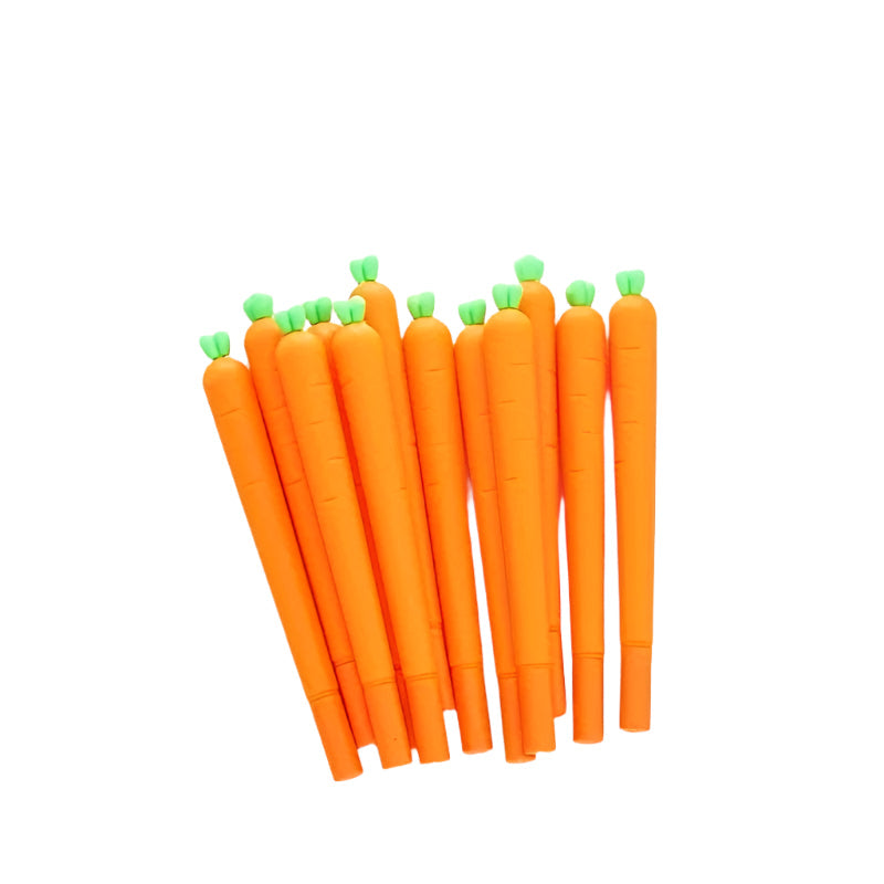 33 piece carrot shaped gel pen set featuring bright orange bodies and green leafy tops