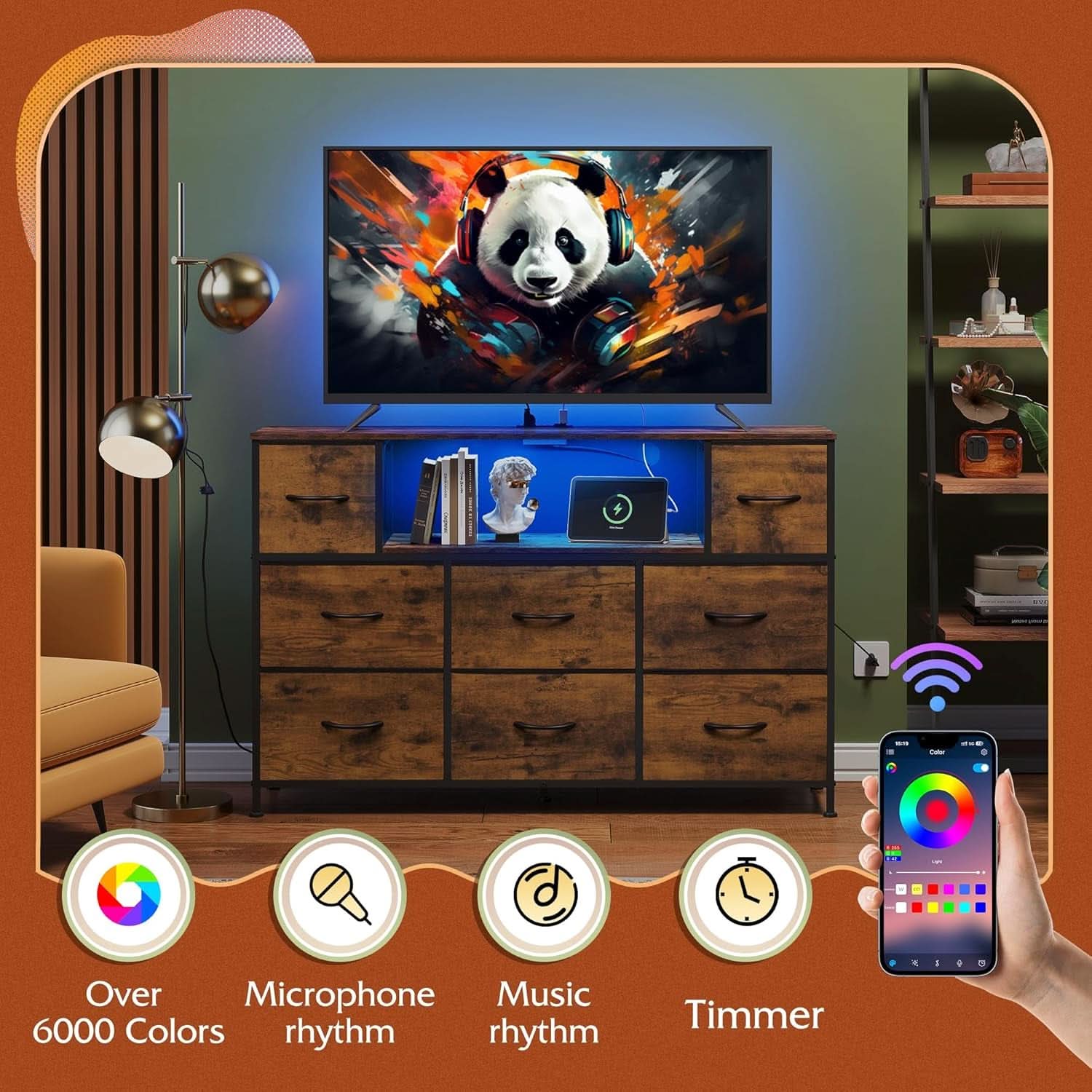 Rustic brown wood grain 8-drawer dresser and TV stand with open shelves and LED lighting — view 5