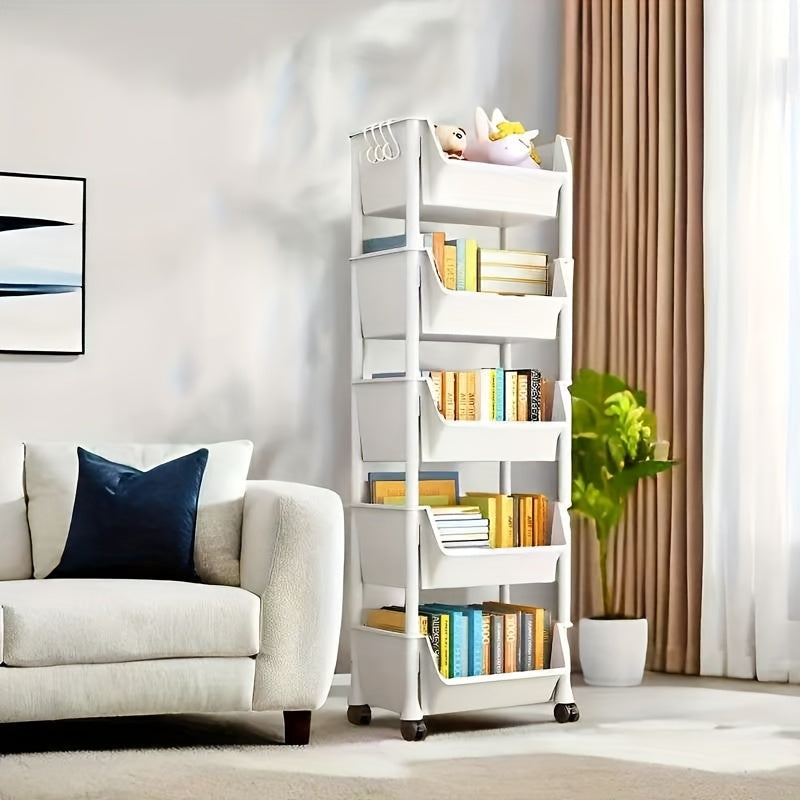 Light beige 5-tier mobile bookshelf utility cart with rolling wheels and recessed backless plastic shelves. — view 4