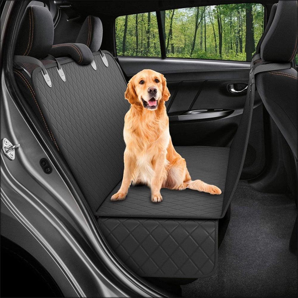 Black heavy duty waterproof pet car seat cover with mesh window installed in back seat — view 2