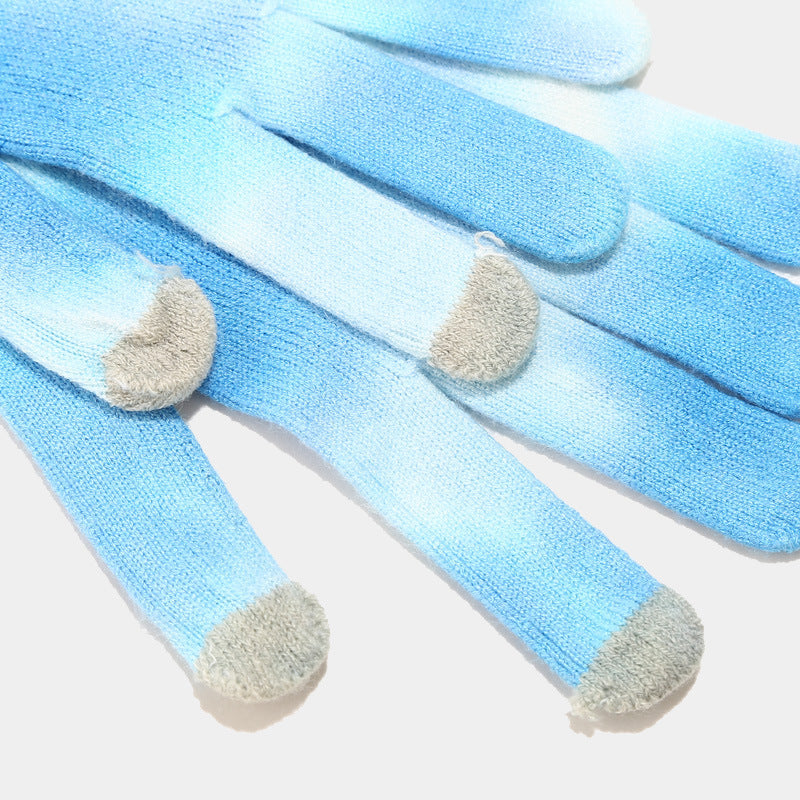 Tie-dye knitted winter hat gloves scarf set in colorful striped core spun polyester yarn — view 3