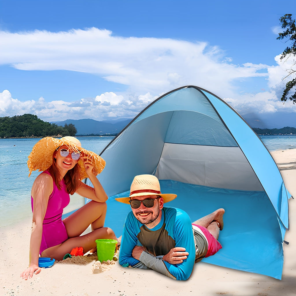 Blue automatic pop up beach tent with zippered closure and carrying bag for outdoor sun protection — view 3