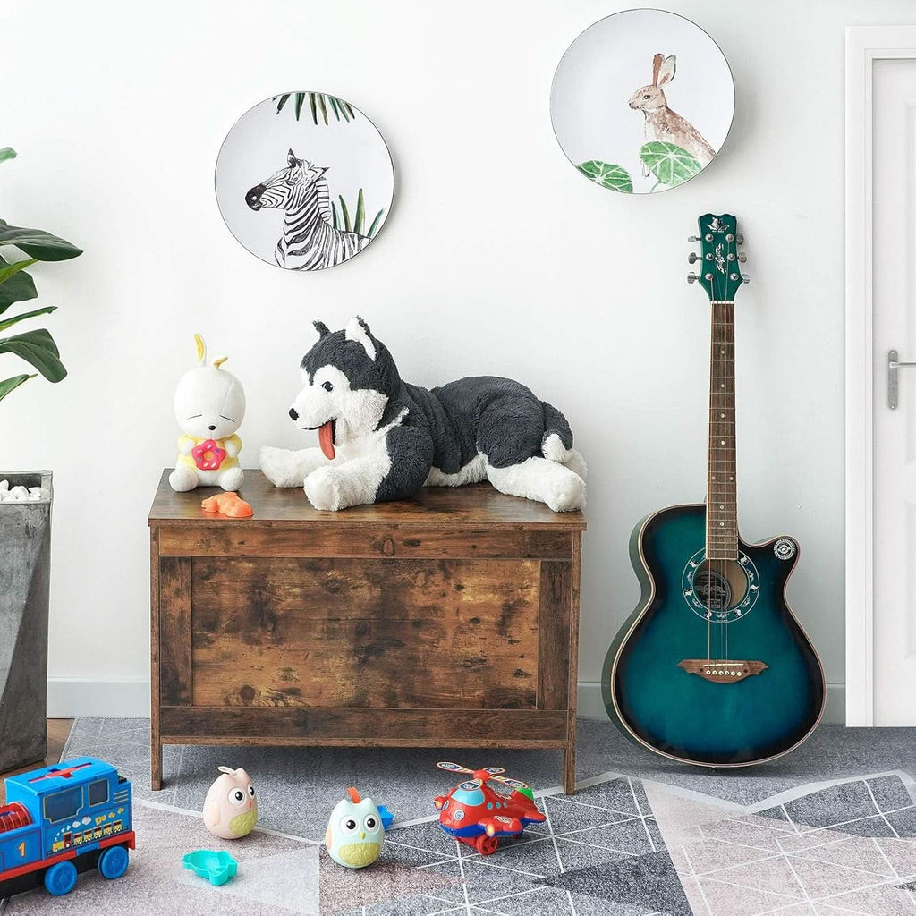 Rustic brown wooden storage bench and toy box featuring safety hinges and decorative side rings. — view 4