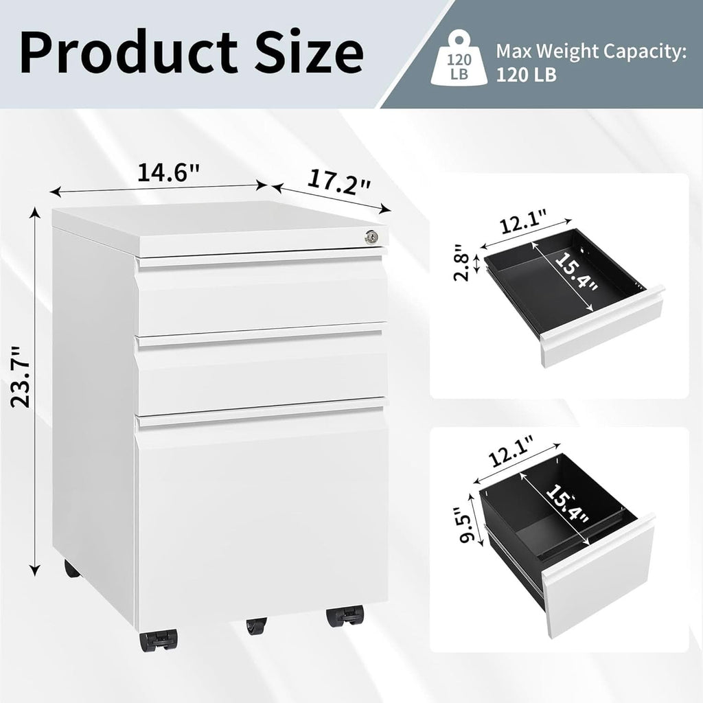 White rolling file cabinet with three secure drawers and matte black accents for office storage. — view 5