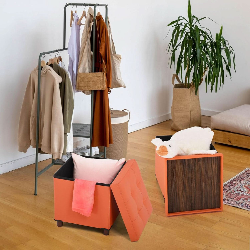 Orange faux leather storage ottoman with a solid wooden tray table top for living rooms — view 5