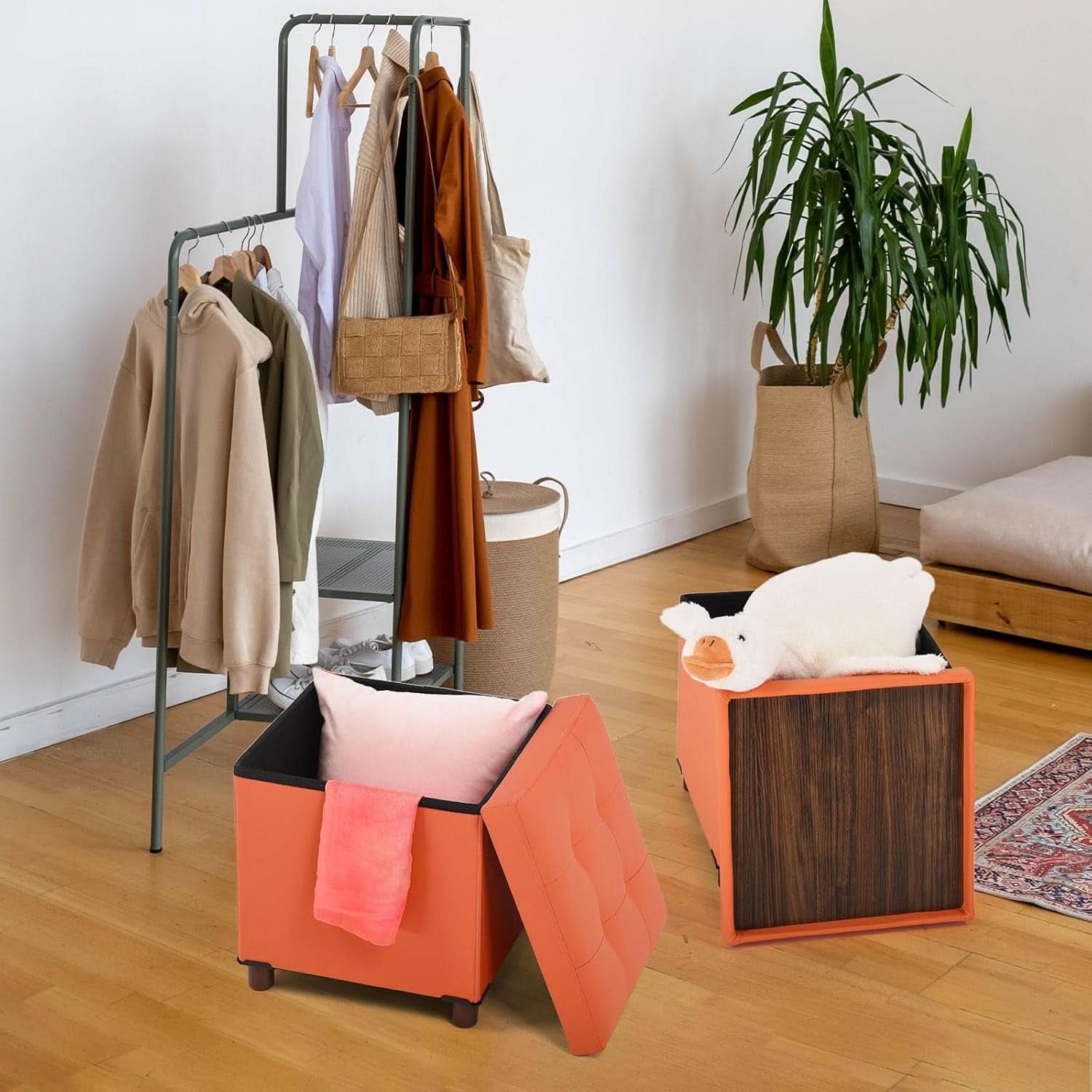 Orange faux leather storage ottoman with a solid wooden tray table top for living rooms — view 5