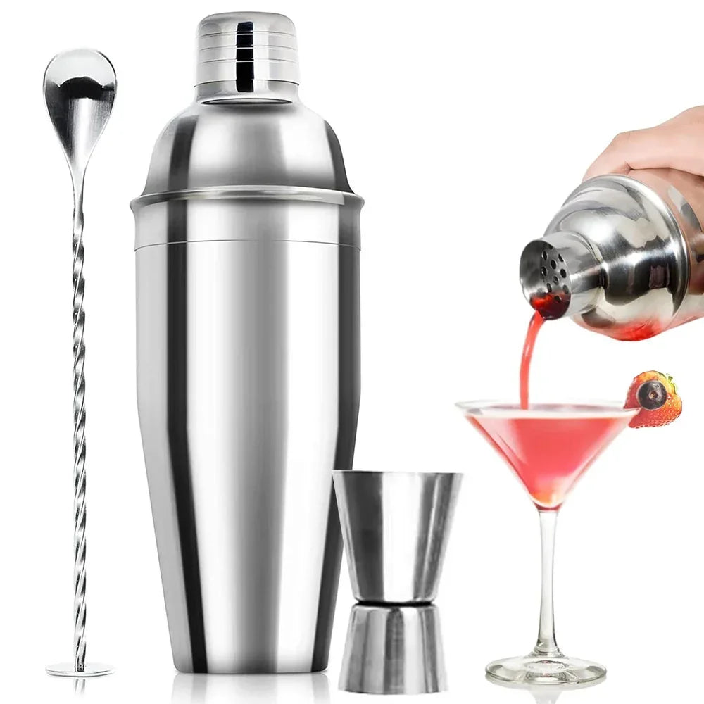Stainless steel 6-piece cocktail shaker set with jigger, strainer, spoon, and tongs.