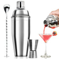 Stainless steel 6-piece cocktail shaker set with jigger, strainer, spoon, and tongs.