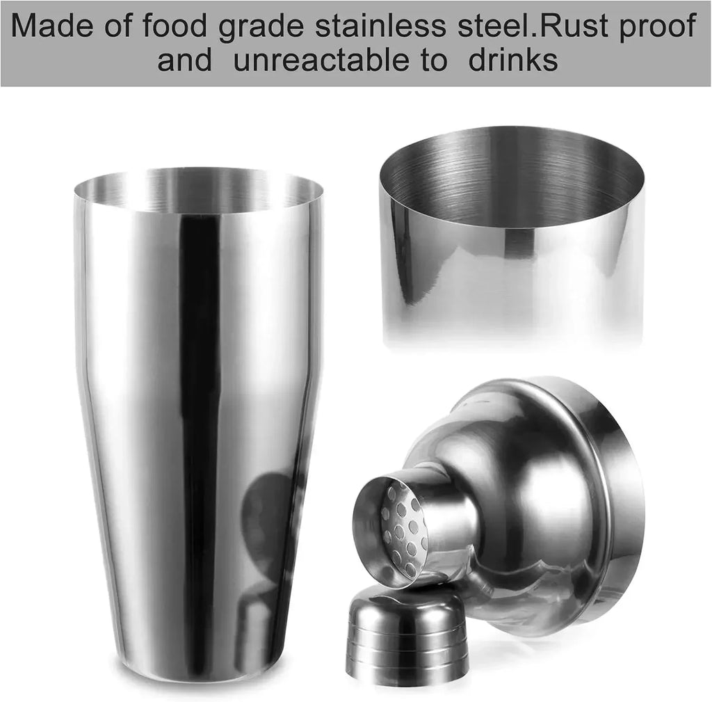 Stainless steel 6-piece cocktail shaker set with jigger, strainer, spoon, and tongs. — view 2