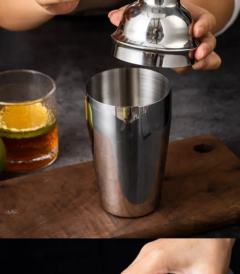 Stainless steel 6-piece cocktail shaker set with jigger, strainer, spoon, and tongs. — view 4