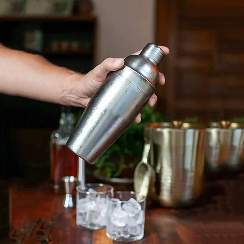 Stainless steel 6-piece cocktail shaker set with jigger, strainer, spoon, and tongs. — view 3