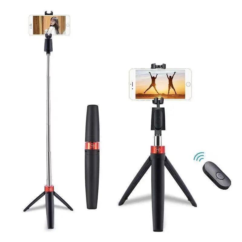Black 3-in-1 wireless Bluetooth selfie stick and mini mobile phone tripod with remote — view 3