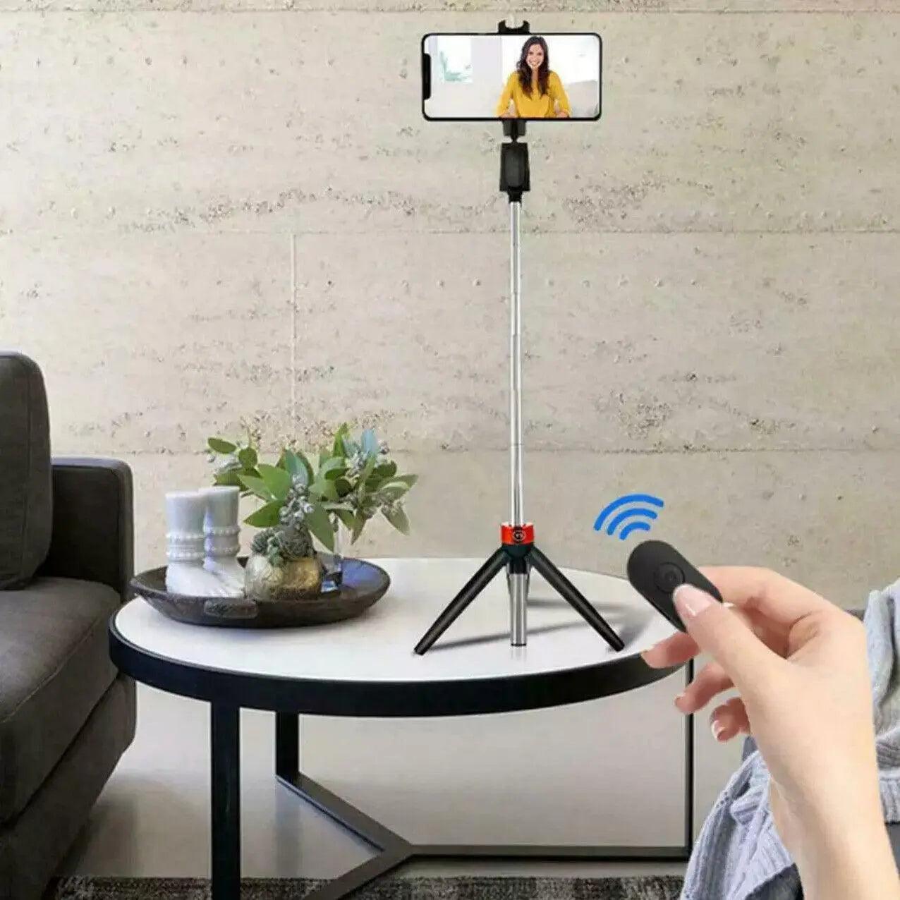 Black 3-in-1 wireless Bluetooth selfie stick and mini mobile phone tripod with remote — view 5