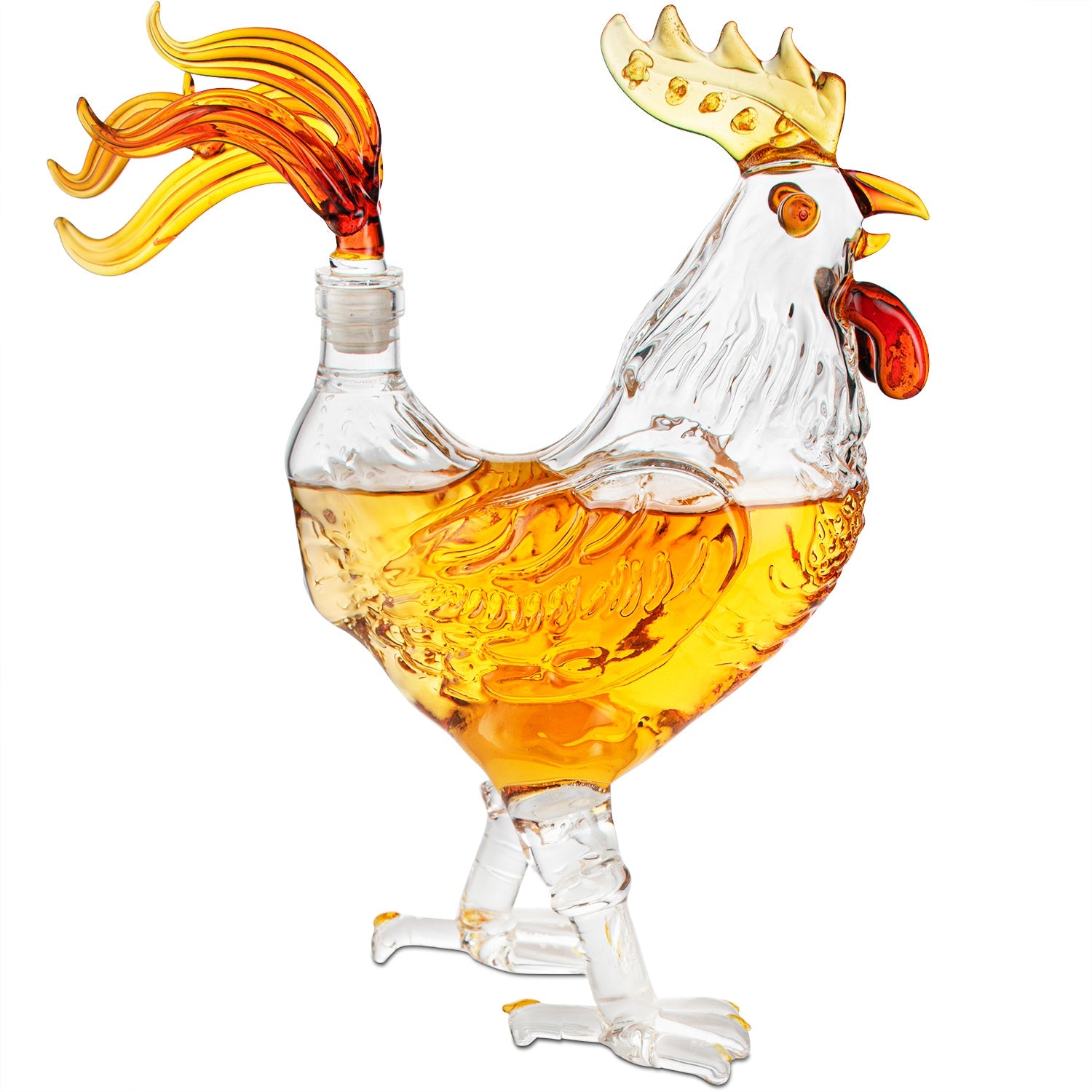 Rooster shaped 500ml glass whiskey decanter with colored accents and tail stopper — view 3