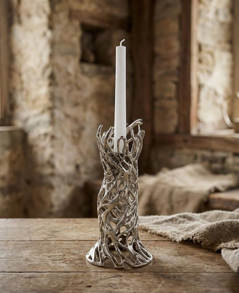 Roots sculptural electro-formed metal taper candle holder in gold silver or antique finish