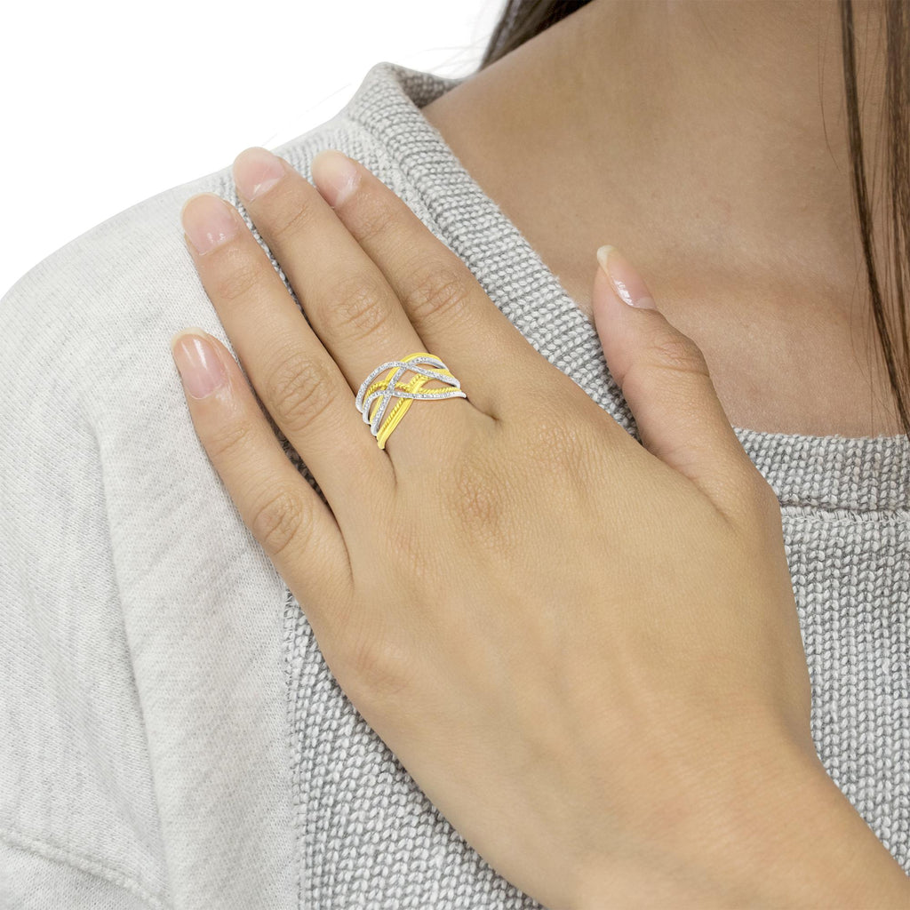 10K Yellow Gold Plated .925 Sterling Silver 1/10 Cttw Diamond Multi Row Crossover Ring Band (I-J Color, I1-I2 Clarity)-2