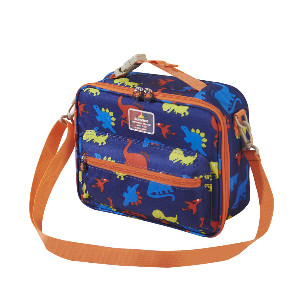 Kids lunch box cooler bag in blue dinosaur design with zippered pockets and water bottle holder