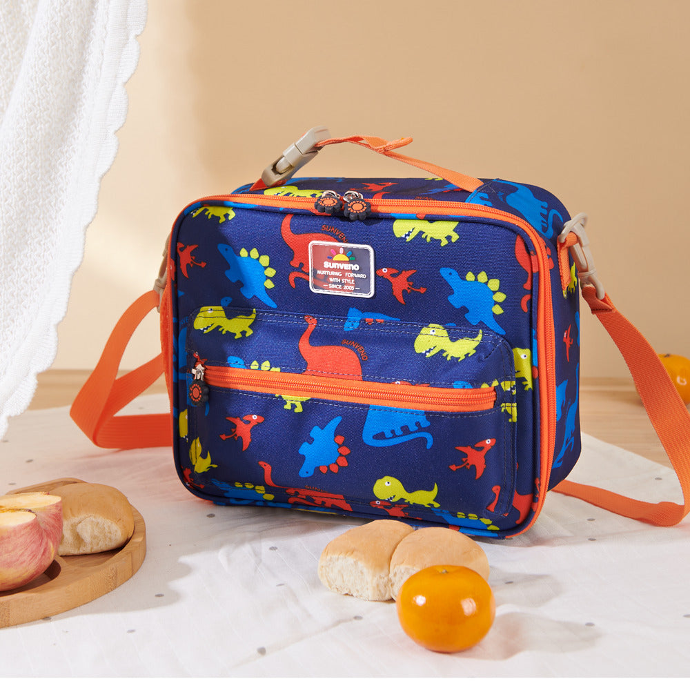Kids lunch box cooler bag in blue dinosaur design with zippered pockets and water bottle holder — view 5