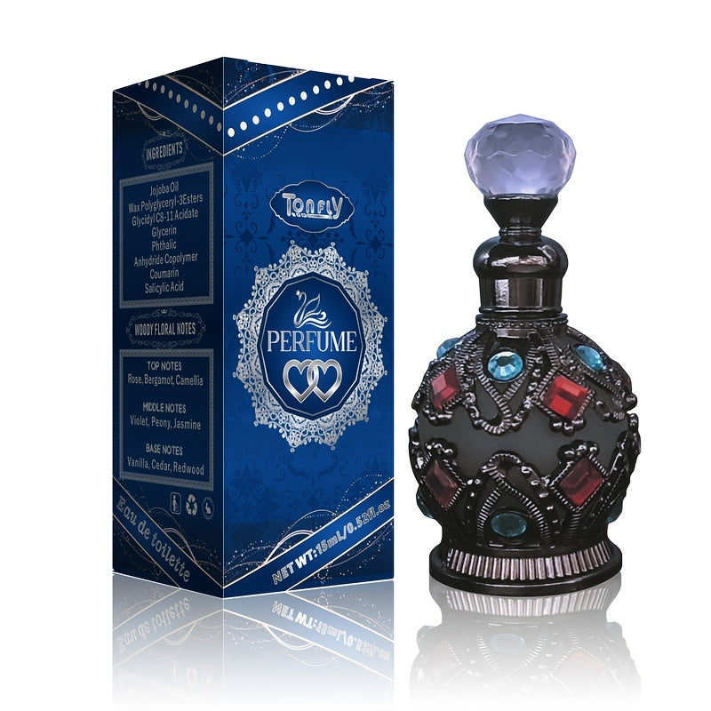 Enchanted Arabian Dreams essential oil perfume in an elegant blue and gold 50ml glass bottle. — view 4