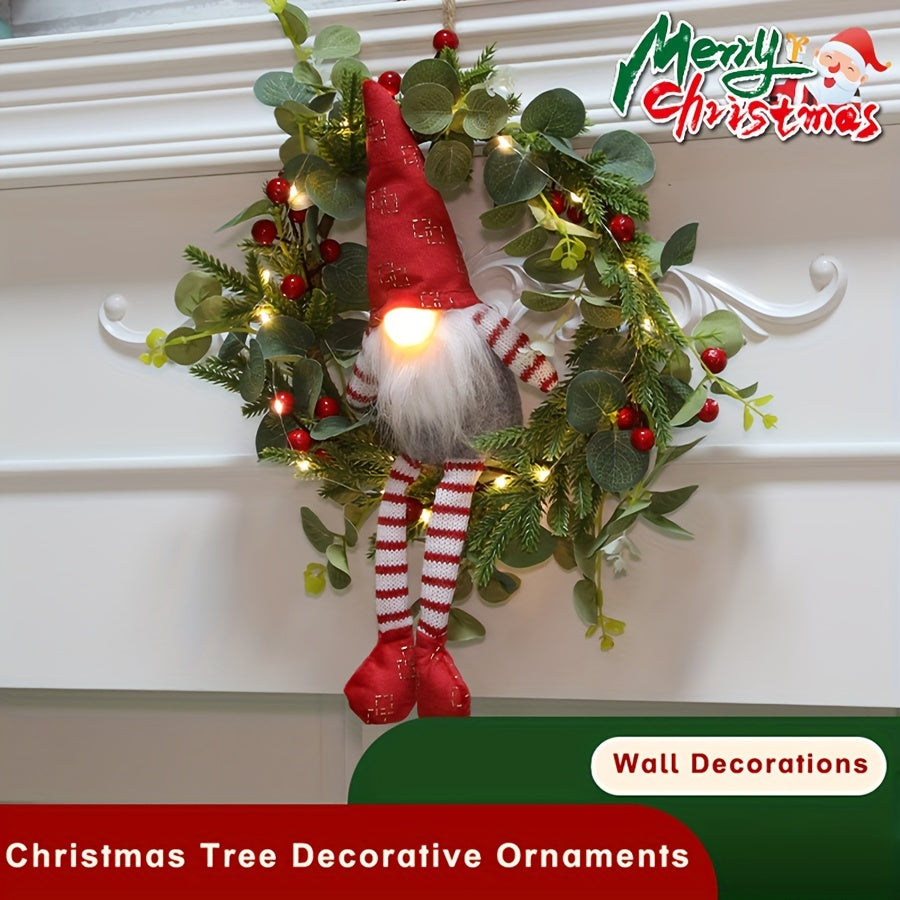 Illuminated Christmas gnome wreath with LED lights and Santa Claus design for indoor holiday decor — view 2