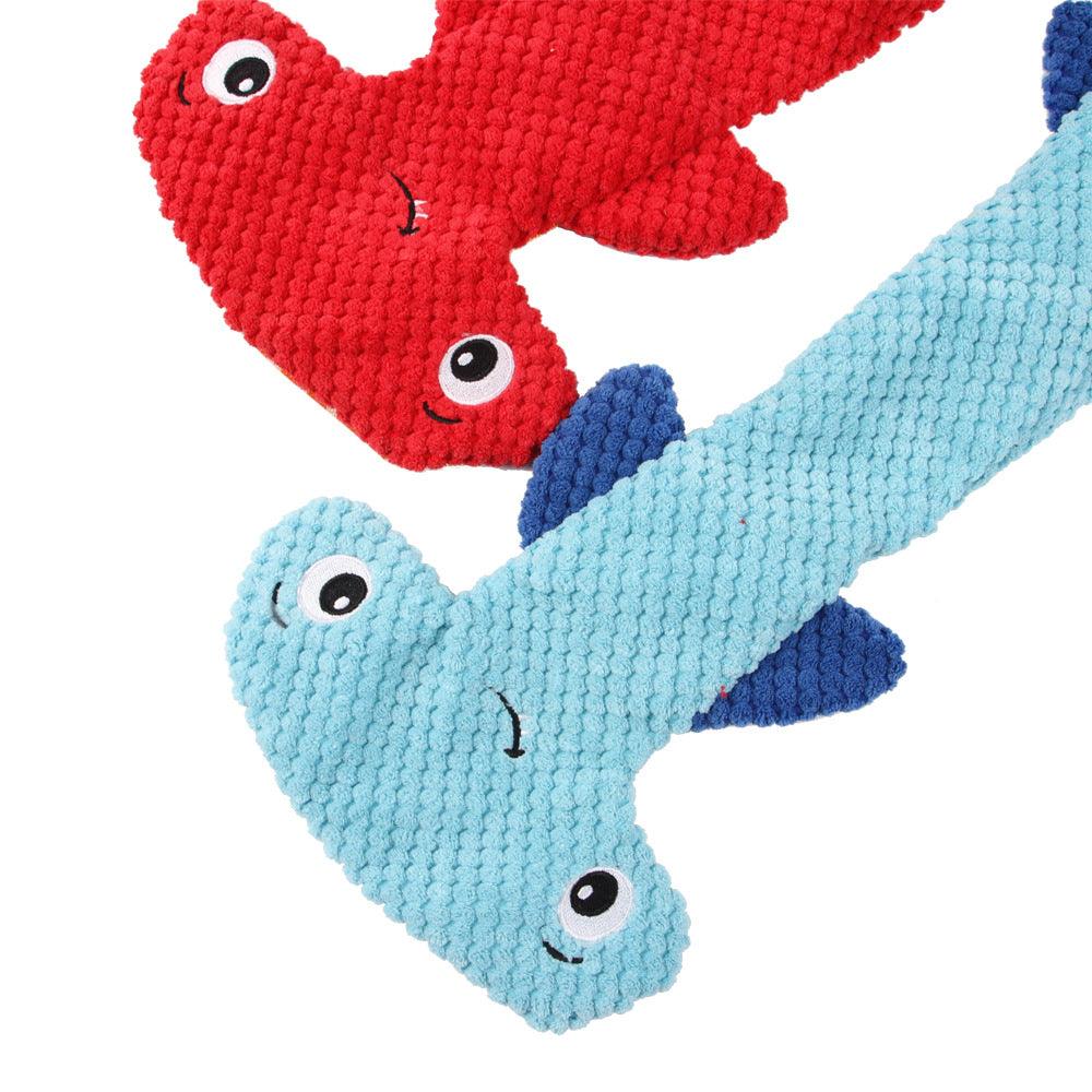 Red and blue hammerhead shark squeaky dog toy made of durable polyester cloth. — view 3