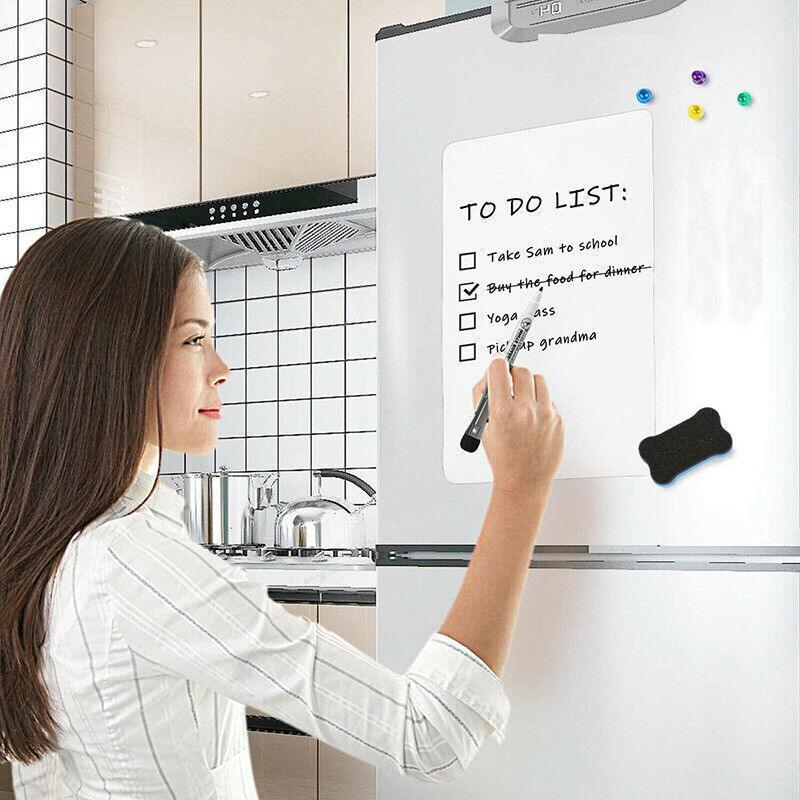 White flexible magnetic fridge whiteboard with included black marker pen and built-in eraser cap. — view 4