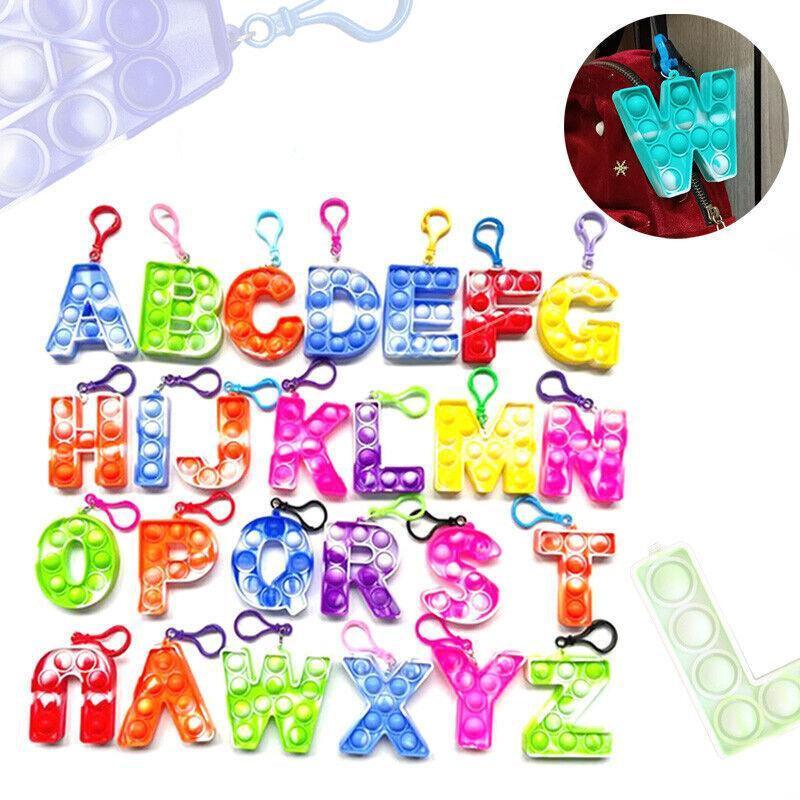 Large capital letter pop it keychain sensory fidget toy with metal ring for backpacks