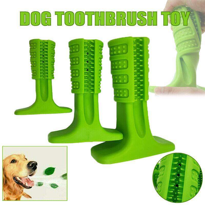 Meat flavored dog toothbrush chew toy with cleaning bristles and a stabilizing base pad