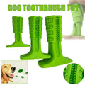 Meat flavored dog toothbrush chew toy with cleaning bristles and a stabilizing base pad