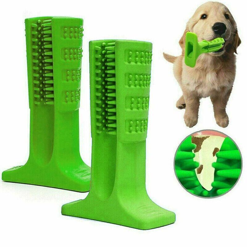 Meat flavored dog toothbrush chew toy with cleaning bristles and a stabilizing base pad — view 4