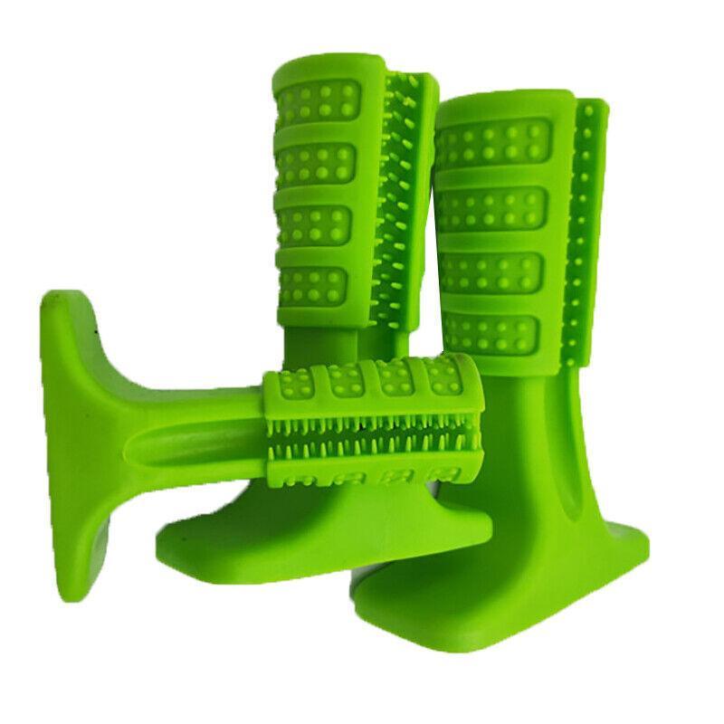 Meat flavored dog toothbrush chew toy with cleaning bristles and a stabilizing base pad — view 2