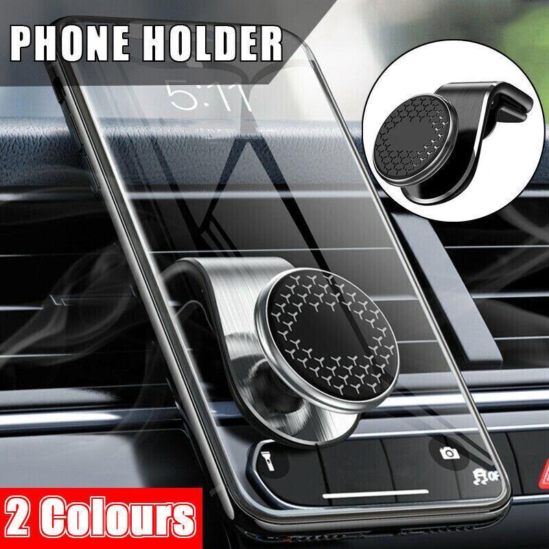 Universal car phone holder mounted on air vent, featuring black and silver aluminum alloy design