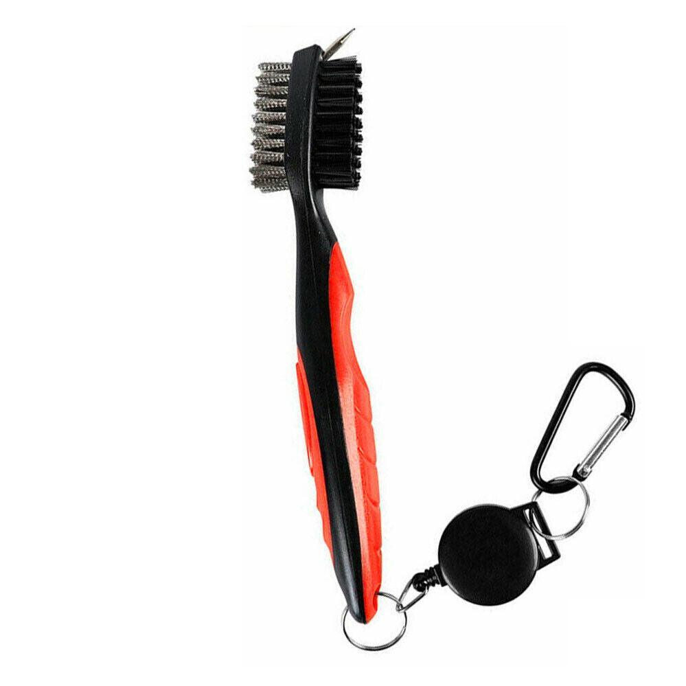 Double sided golf club cleaning brush with retractable clip and groove spike in black plastic — view 2