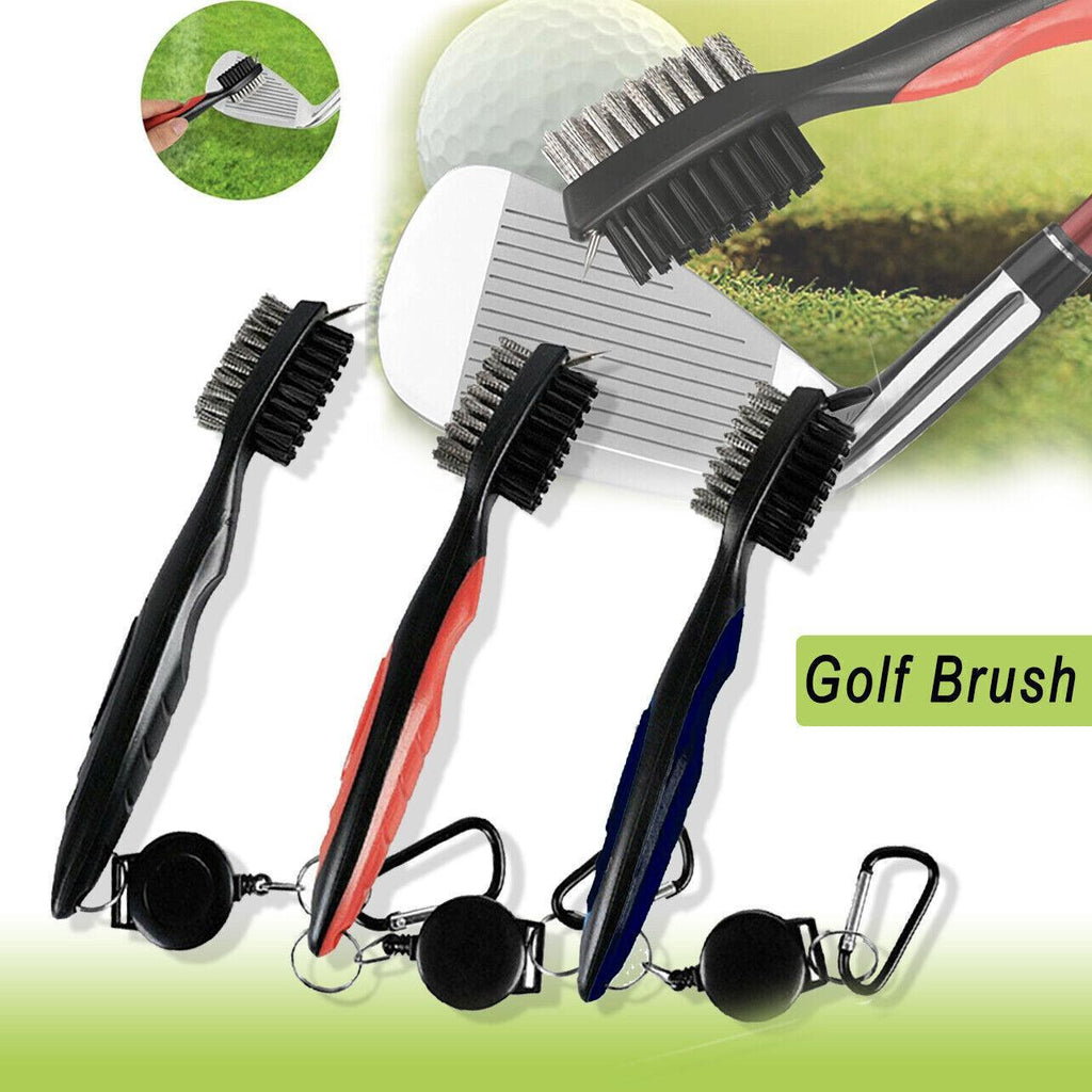 Double sided golf club cleaning brush with retractable clip and groove spike in black plastic