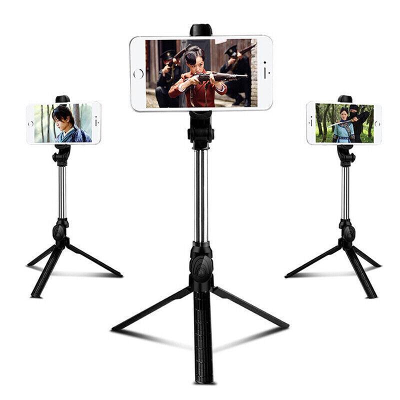 Bluetooth selfie stick tripod in black plastic and stainless steel with wireless remote and phone mount — view 3