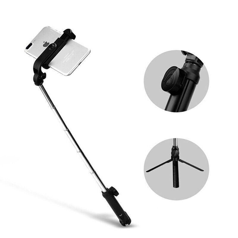 Bluetooth selfie stick tripod in black plastic and stainless steel with wireless remote and phone mount — view 4