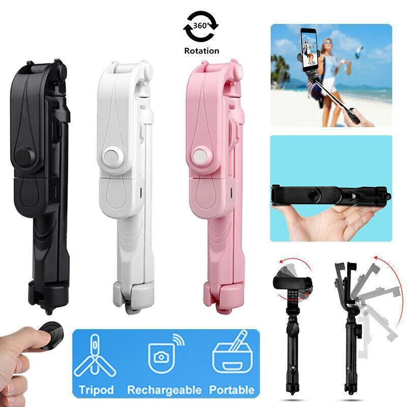 Bluetooth selfie stick tripod in black plastic and stainless steel with wireless remote and phone mount