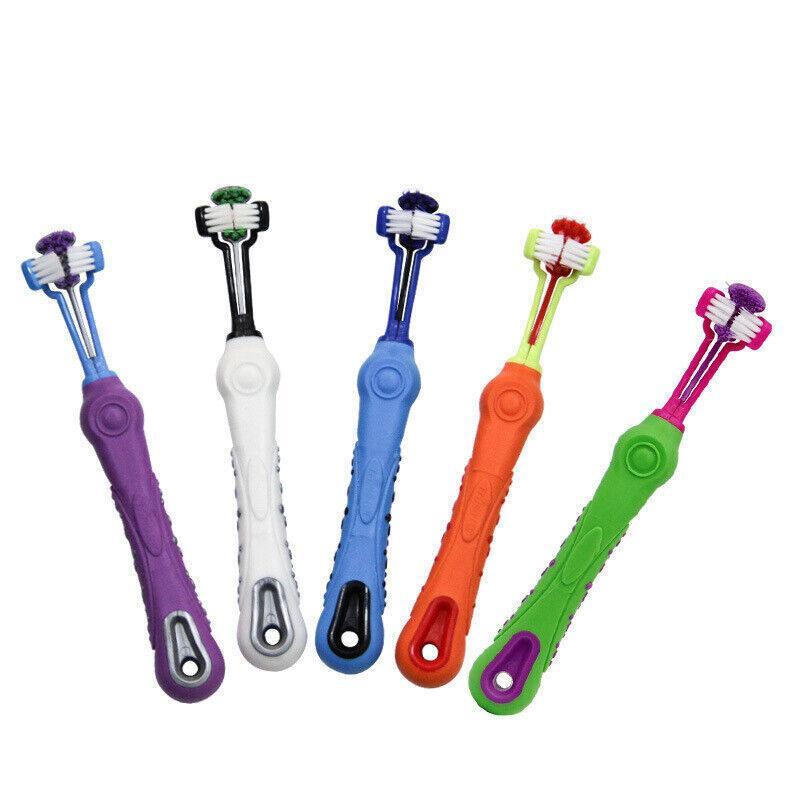 Three-sided pet toothbrush with soft bristles and ergonomic handle for dog and cat dental cleaning — view 2