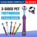 Three-sided pet toothbrush with soft bristles and ergonomic handle for dog and cat dental cleaning