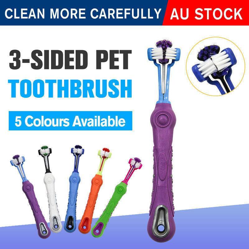 Three-sided pet toothbrush with soft bristles and ergonomic handle for dog and cat dental cleaning
