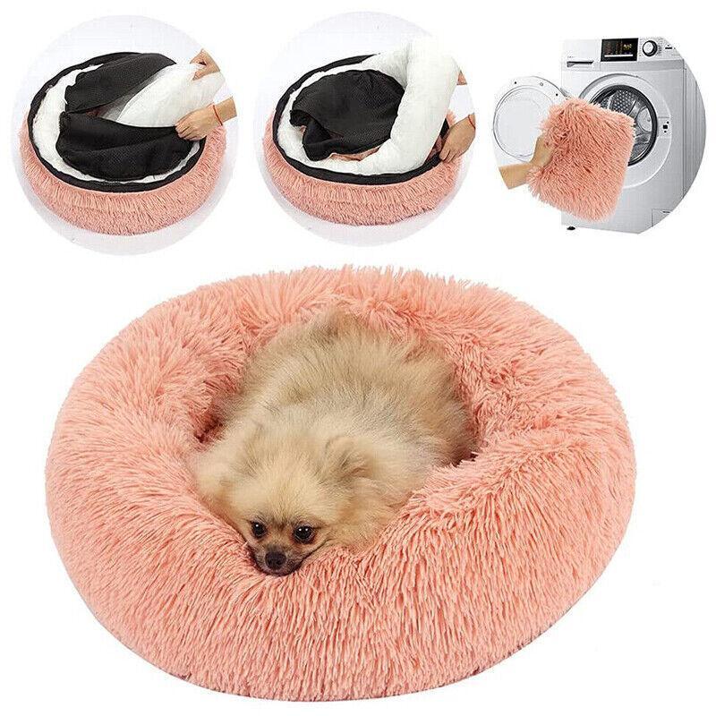 XXL round plush calming pet bed donut nest with a washable grey zipper cover — view 4