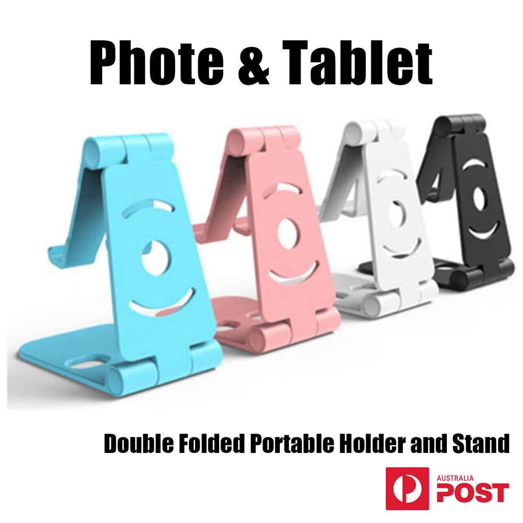 Foldable adjustable phone and tablet stand made of durable ABS plastic with silicone padding.
