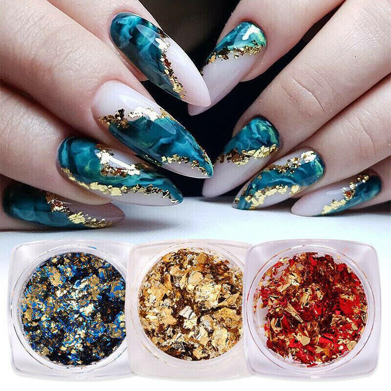 Six vibrant colors of mirror effect nail art glitter powder and foil flakes in small pots — view 4